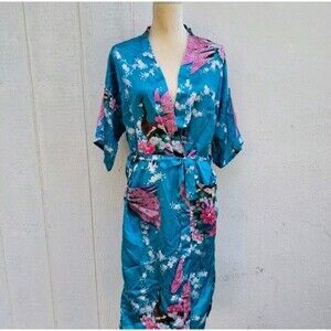 peacock print satin like robe lounge wear wmns sz M 3/4 Sleeve
